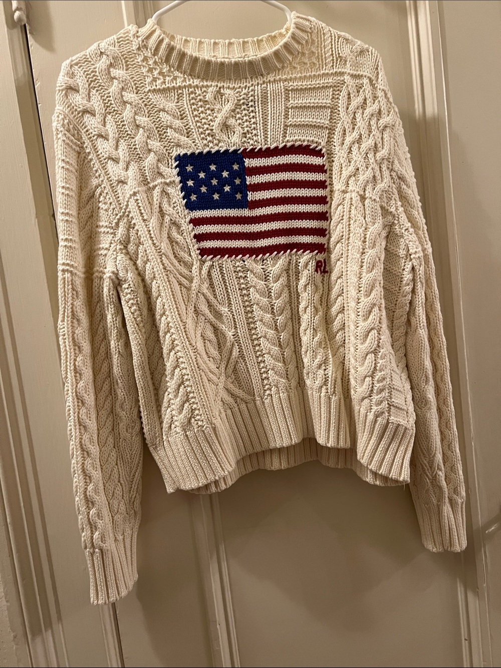 Polo by Ralph Lauren Cream Cable-Knit Sweater with American Flag